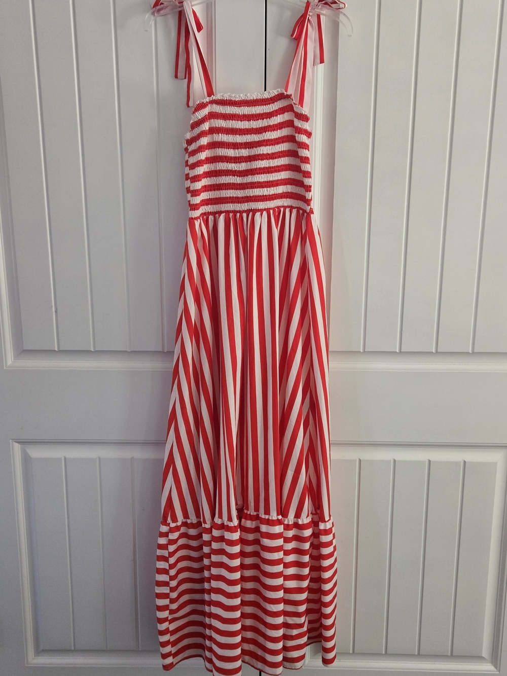 Red White Striped Smocked Maxi Dress Tie Shoulder Coastal Nautical N